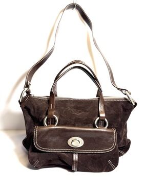 Dark Brown Suede Shoulder Bag with Textured Flap